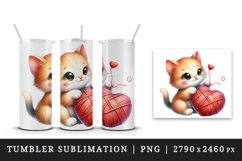 Watercolor cute cat playing ball of yarn shaped heart Valentine Day print 20 oz tumbler skinny mug wrap clipart t-shirt sublimation printable design