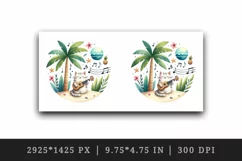 Watercolor cute cat playing ukulele guitar palm tree musical notes summer beach print tumbler mug wrap clipart t-shirt sublimation printable design