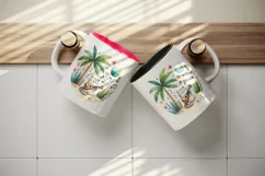 Watercolor cute cat playing ukulele guitar palm tree musical notes summer beach print tumbler mug wrap clipart t-shirt sublimation printable design