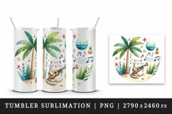 Watercolor cute cat playing ukulele guitar palm tree musical notes summer beach print tumbler mug wrap clipart t-shirt sublimation printable design