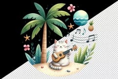 Watercolor cute cat playing ukulele guitar palm tree musical notes summer beach print tumbler mug wrap clipart t-shirt sublimation printable design