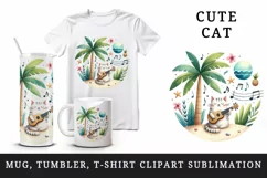 Watercolor cute cat playing ukulele guitar palm tree musical notes summer beach print tumbler mug wrap clipart t-shirt sublimation printable design