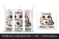 Watercolor cute cat sips from coffee mug Purrfect brew quote Coffee Lover print 20 oz tumbler skinny wrap clipart t-shirt sublimation printable design