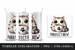 Watercolor cute cat sips from coffee mug Purrfect brew quote Coffee Lover print 20 oz tumbler skinny wrap clipart t-shirt sublimation printable design