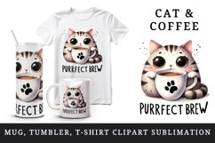 Watercolor cute cat sips from coffee mug Purrfect brew quote Coffee Lover print 20 oz tumbler skinny wrap clipart t-shirt sublimation printable design