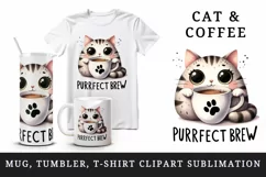 Watercolor cute cat sips from coffee mug Purrfect brew quote Coffee Lover print 20 oz tumbler skinny wrap clipart t-shirt sublimation printable design