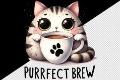 Watercolor cute cat sips from coffee mug Purrfect brew quote Coffee Lover print 20 oz tumbler skinny wrap clipart t-shirt sublimation printable design