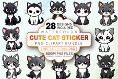 Watercolor Cute Cat Sticker Clipart Bundle Product Image 1