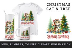 Watercolor cute cat tangled in lights Christmas tree Season Greeting quote print tumbler skinny mug wrap clipart t-shirt sublimation printable design