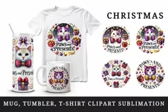 Watercolor cute cat wearing bowtie presents Christmas quote New Year winter print tumbler skinny mug wrap clipart t-shirt sublimation printable design