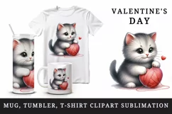 Watercolor cute cat with ball of yarn shaped heart Valentine Day print 20 oz tumbler skinny mug wrap clipart t-shirt sublimation printable design