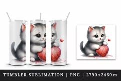 Watercolor cute cat with ball of yarn shaped heart Valentine Day print 20 oz tumbler skinny mug wrap clipart t-shirt sublimation printable design