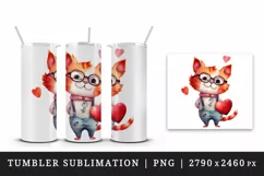 Watercolor cute cat with heart animal love Valentines Day print 20 oz tumbler skinny mug wrap clipart t-shirt sublimation printable design