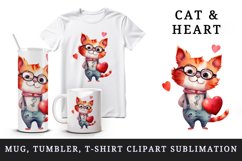 Watercolor cute cat with heart animal love Valentines Day print 20 oz tumbler skinny mug wrap clipart t-shirt sublimation printable design