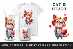 Watercolor cute cat with heart animal love Valentines Day print 20 oz tumbler skinny mug wrap clipart t-shirt sublimation printable design