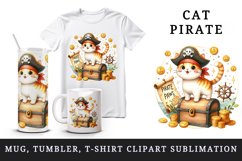 Watercolor cute cat with pirate hat standing on treasure chest print 20 oz tumbler skinny mug wrap clipart t-shirt sublimation printable design
