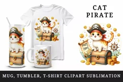 Watercolor cute cat with pirate hat standing on treasure chest print 20 oz tumbler skinny mug wrap clipart t-shirt sublimation printable design