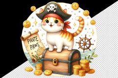 Watercolor cute cat with pirate hat standing on treasure chest print 20 oz tumbler skinny mug wrap clipart t-shirt sublimation printable design
