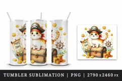 Watercolor cute cat with pirate hat standing on treasure chest print 20 oz tumbler skinny mug wrap clipart t-shirt sublimation printable design
