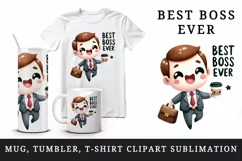 Watercolor cute character man suit holding coffee cup Best Boss Ever quote print tumbler skinny mug wrap clipart t-shirt sublimation printable design