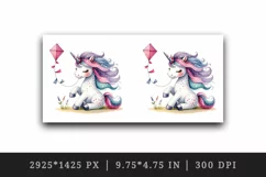 Watercolor cute charming unicorn polka-dotted mane playing with kite print 20 oz tumbler skinny mug wrap clipart t-shirt sublimation printable design
