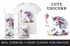 Watercolor cute charming unicorn polka-dotted mane playing with kite print 20 oz tumbler skinny mug wrap clipart t-shirt sublimation printable design