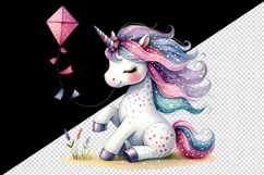 Watercolor cute charming unicorn polka-dotted mane playing with kite print 20 oz tumbler skinny mug wrap clipart t-shirt sublimation printable design
