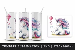 Watercolor cute charming unicorn polka-dotted mane playing with kite print 20 oz tumbler skinny mug wrap clipart t-shirt sublimation printable design