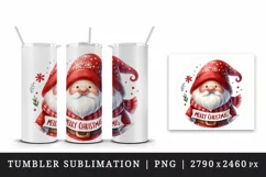 Watercolor cute cheerful gnome wearing red hat Merry Christmas quote print 20 oz tumbler skinny mug wrap clipart t-shirt sublimation printable design