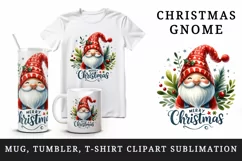 Watercolor cute cheerful gnome wearing red hat Merry Christmas quote print 20 oz tumbler skinny mug wrap clipart t-shirt sublimation printable design