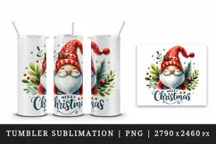 Watercolor cute cheerful gnome wearing red hat Merry Christmas quote print 20 oz tumbler skinny mug wrap clipart t-shirt sublimation printable design