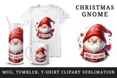 Watercolor cute cheerful gnome wearing red hat Merry Christmas quote print 20 oz tumbler skinny mug wrap clipart t-shirt sublimation printable design