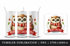Watercolor cute cheerful owl wearing red scarf Merry Christmas quote print 20 oz tumbler skinny mug wrap clipart t-shirt sublimation printable design