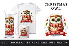 Watercolor cute cheerful owl wearing red scarf Merry Christmas quote print 20 oz tumbler skinny mug wrap clipart t-shirt sublimation printable design