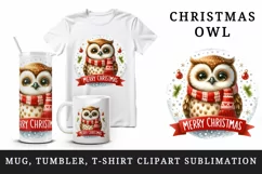 Watercolor cute cheerful owl wearing red scarf Merry Christmas quote print 20 oz tumbler skinny mug wrap clipart t-shirt sublimation printable design