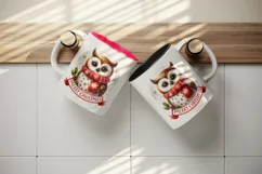 Watercolor cute cheerful owl wearing red scarf Merry Christmas quote print 20 oz tumbler skinny mug wrap clipart t-shirt sublimation printable design