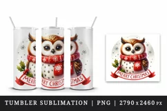 Watercolor cute cheerful owl wearing red scarf Merry Christmas quote print 20 oz tumbler skinny mug wrap clipart t-shirt sublimation printable design