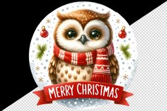 Watercolor cute cheerful owl wearing red scarf Merry Christmas quote print 20 oz tumbler skinny mug wrap clipart t-shirt sublimation printable design