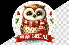 Watercolor cute cheerful owl wearing red scarf Merry Christmas quote print 20 oz tumbler skinny mug wrap clipart t-shirt sublimation printable design