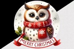 Watercolor cute cheerful owl wearing red scarf Merry Christmas quote print 20 oz tumbler skinny mug wrap clipart t-shirt sublimation printable design