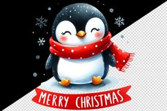 Watercolor cute cheerful penguin red scarf Merry Christmas quote print 20 oz tumbler skinny mug wrap clipart t-shirt sublimation printable design