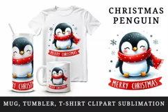 Watercolor cute cheerful penguin red scarf Merry Christmas quote print 20 oz tumbler skinny mug wrap clipart t-shirt sublimation printable design