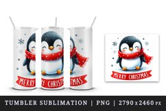 Watercolor cute cheerful penguin red scarf Merry Christmas quote print 20 oz tumbler skinny mug wrap clipart t-shirt sublimation printable design