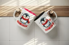 Watercolor cute cheerful penguin red scarf Merry Christmas quote print 20 oz tumbler skinny mug wrap clipart t-shirt sublimation printable design