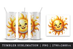 Watercolor cute cheerful sun big beaming smile radiating playful rays print 20 oz tumbler skinny mug wrap clipart t-shirt sublimation printable design