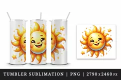 Watercolor cute cheerful sun big beaming smile radiating playful rays print 20 oz tumbler skinny mug wrap clipart t-shirt sublimation printable design