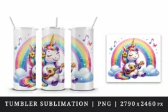 Watercolor cute cheerful unicorn playing ukulele guitar under rainbow print 20 oz tumbler skinny mug wrap clipart t-shirt sublimation printable design