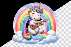 Watercolor cute cheerful unicorn playing ukulele guitar under rainbow print 20 oz tumbler skinny mug wrap clipart t-shirt sublimation printable design