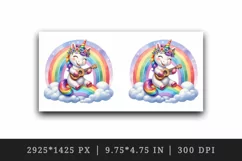 Watercolor cute cheerful unicorn playing ukulele guitar under rainbow print 20 oz tumbler skinny mug wrap clipart t-shirt sublimation printable design