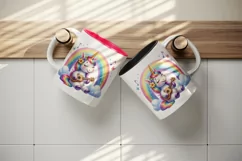 Watercolor cute cheerful unicorn playing ukulele guitar under rainbow print 20 oz tumbler skinny mug wrap clipart t-shirt sublimation printable design
